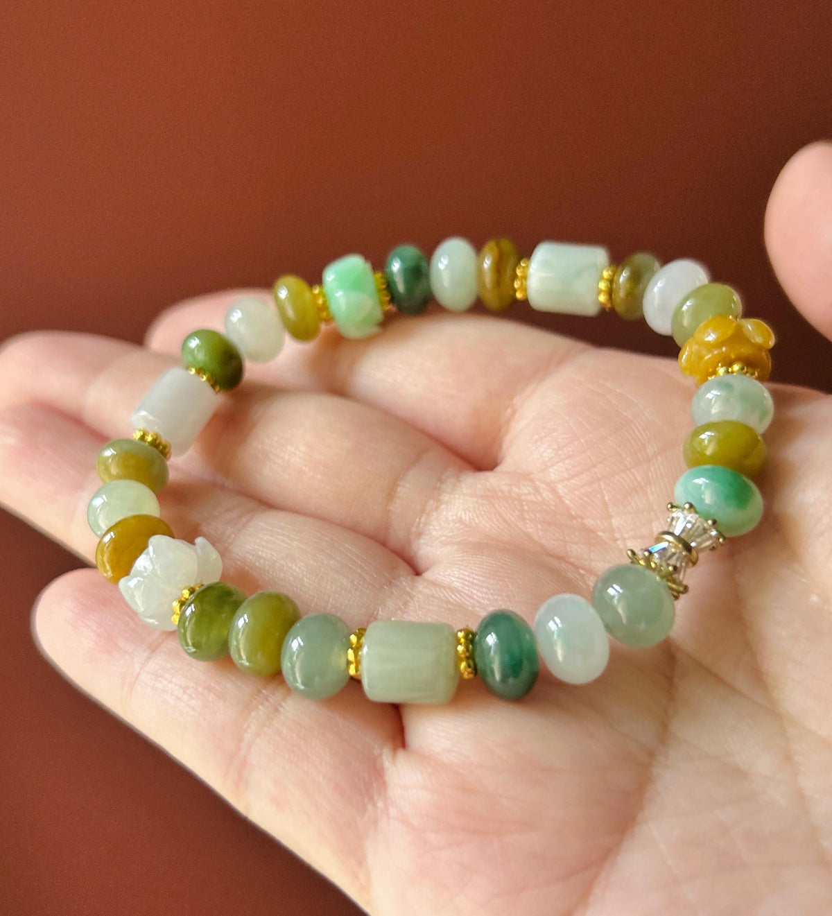 Natural Jadeite Beaded Bracelet, Burmese Type A Untreated Translucent Icy Glutinous Autumn Palette Multicolor Mixed Shape Jade Beads, 8-10mm