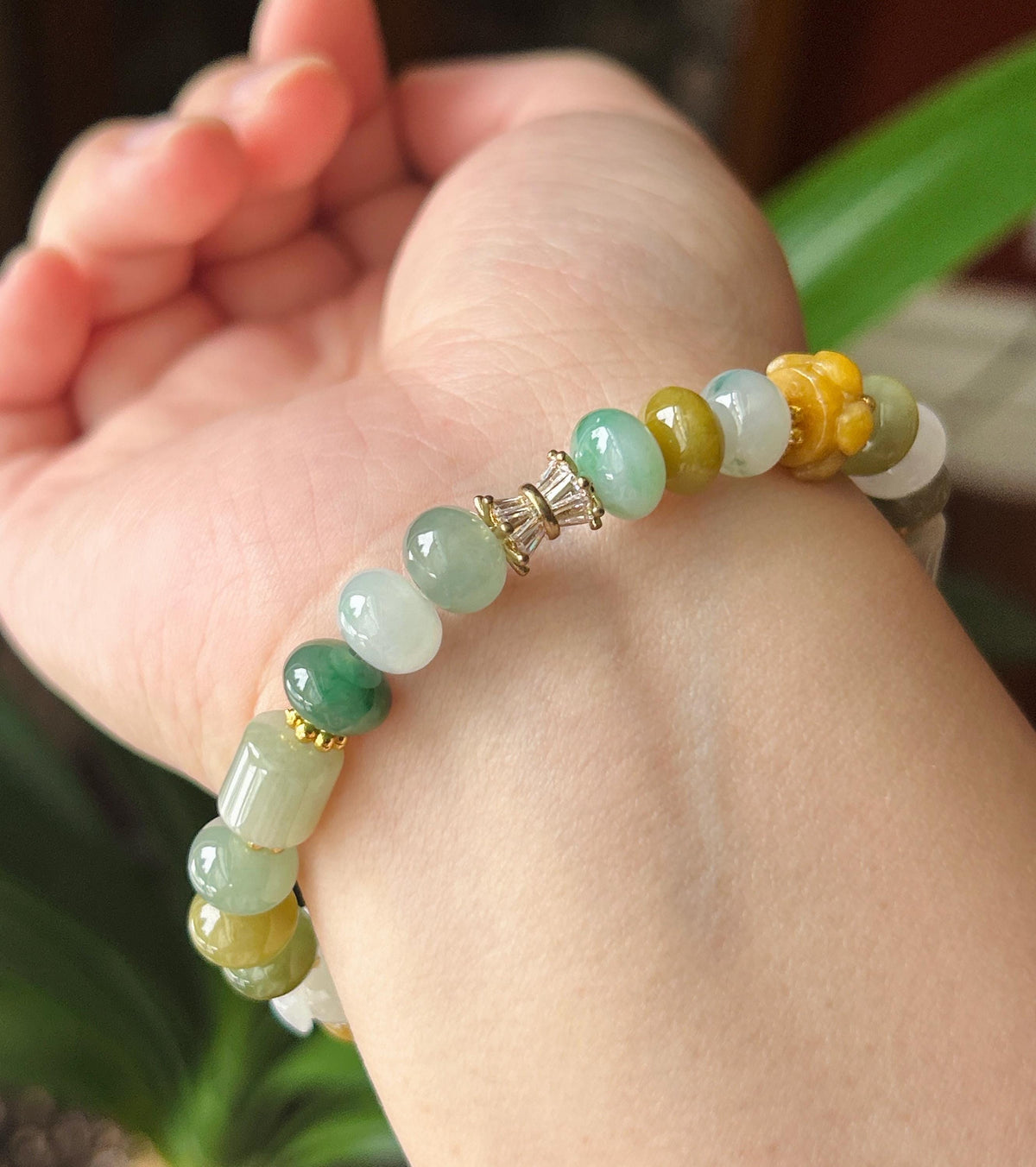Natural Jadeite Beaded Bracelet, Burmese Type A Untreated Translucent Icy Glutinous Autumn Palette Multicolor Mixed Shape Jade Beads, 8-10mm