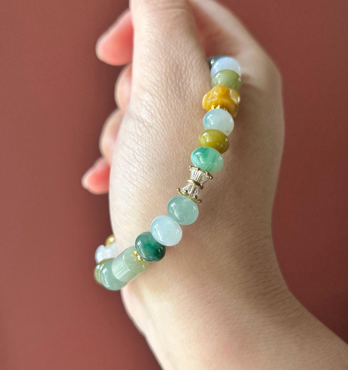 Natural Jadeite Beaded Bracelet, Burmese Type A Untreated Translucent Icy Glutinous Autumn Palette Multicolor Mixed Shape Jade Beads, 8-10mm