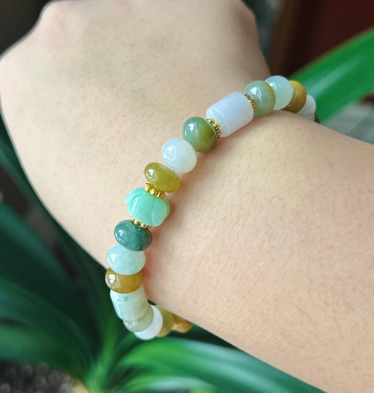 Natural Jadeite Beaded Bracelet, Burmese Type A Untreated Translucent Icy Glutinous Autumn Palette Multicolor Mixed Shape Jade Beads, 8-10mm