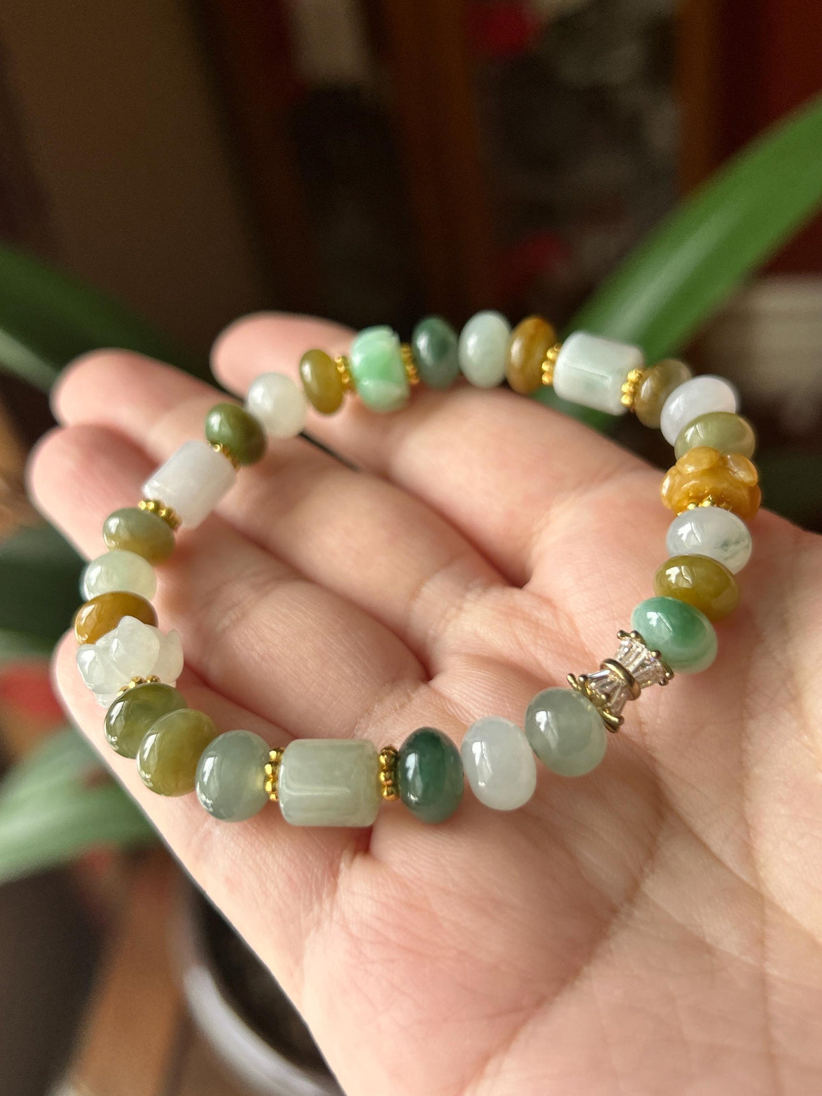 Natural Jadeite Beaded Bracelet, Burmese Type A Untreated Translucent Icy Glutinous Autumn Palette Multicolor Mixed Shape Jade Beads, 8-10mm