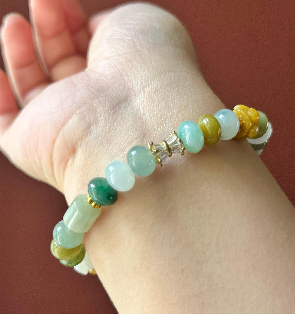 Natural Jadeite Beaded Bracelet, Burmese Type A Untreated Translucent Icy Glutinous Autumn Palette Multicolor Mixed Shape Jade Beads, 8-10mm