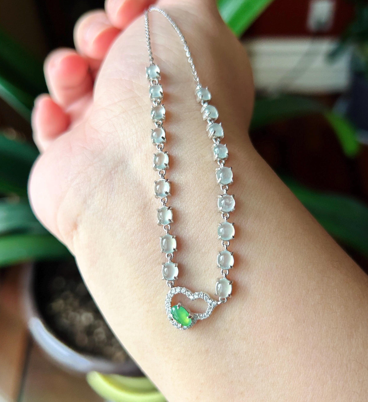 Certified Natural Jadeite Cabochon Hulu Necklace, Burmese Type A Highly Translucent Icy White & Vivid Green Jade, 925 Sterling Silver