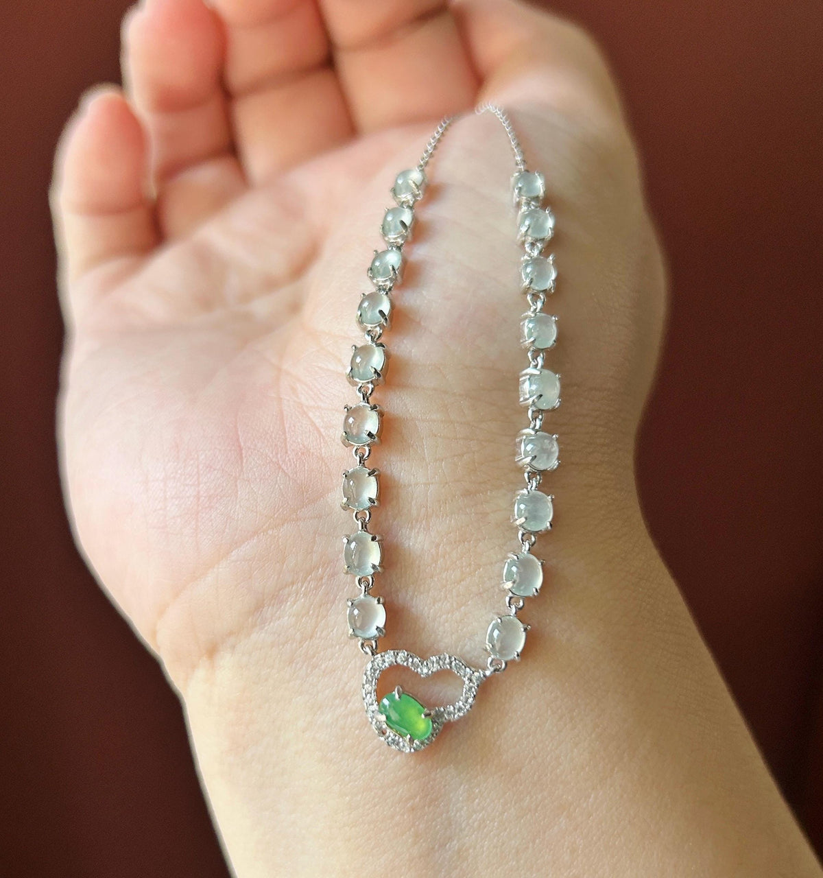 Certified Natural Jadeite Cabochon Hulu Necklace, Burmese Type A Highly Translucent Icy White & Vivid Green Jade, 925 Sterling Silver
