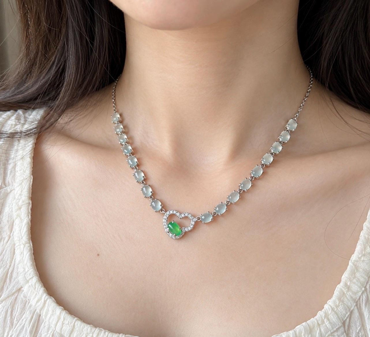Certified Natural Jadeite Cabochon Hulu Necklace, Burmese Type A Highly Translucent Icy White & Vivid Green Jade, 925 Sterling Silver