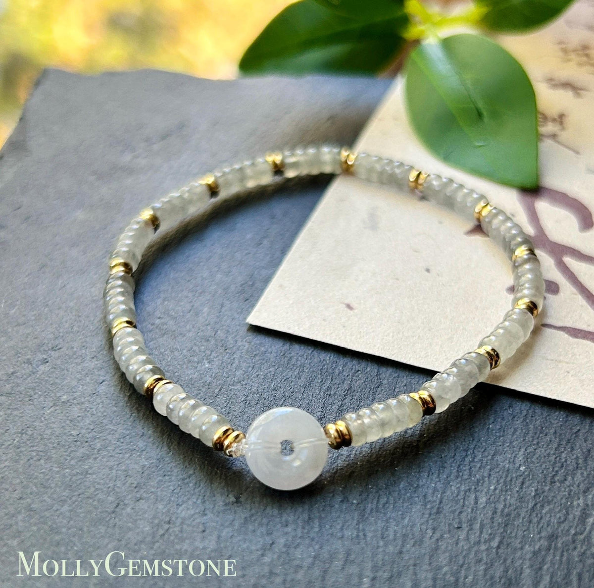 Natural Jadeite Icy Wuji Abacus Bead Bracelet with Lavender Jadeite Peace Buckle, Minimalist Jade Jewelry, 3.5mm