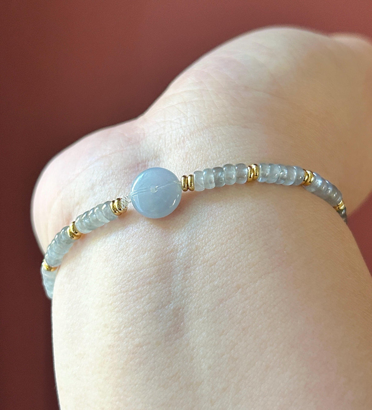 Natural Jadeite Icy Wuji Abacus Bead Bracelet with Lavender Jadeite Peace Buckle, Minimalist Jade Jewelry, 3.5mm