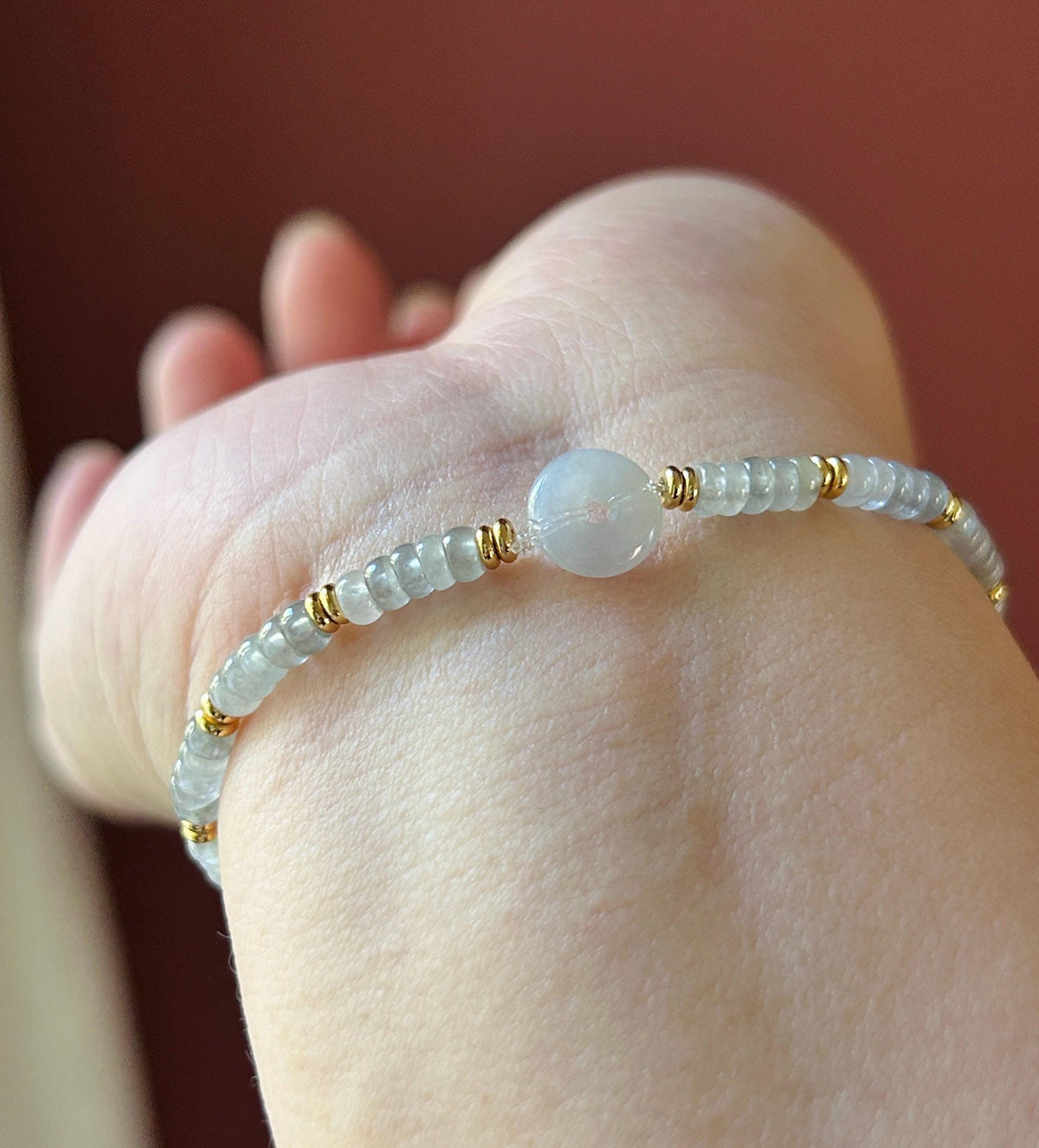 Natural Jadeite Icy Wuji Abacus Bead Bracelet with Lavender Jadeite Peace Buckle, Minimalist Jade Jewelry, 3.5mm