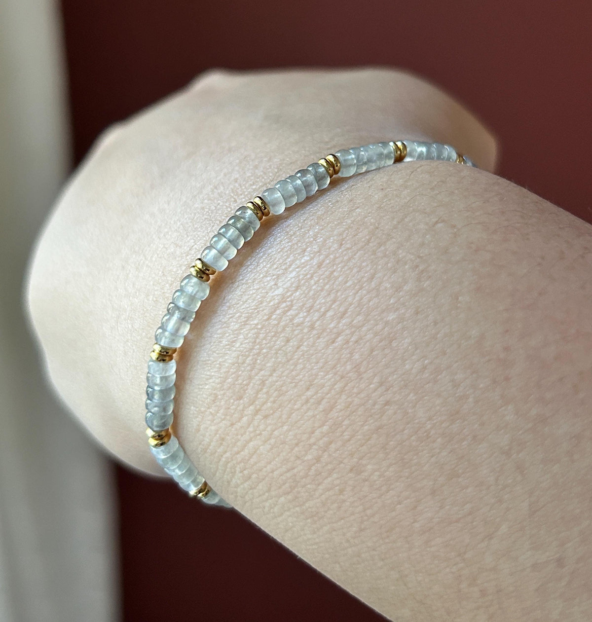 Natural Jadeite Icy Wuji Abacus Bead Bracelet with Lavender Jadeite Peace Buckle, Minimalist Jade Jewelry, 3.5mm