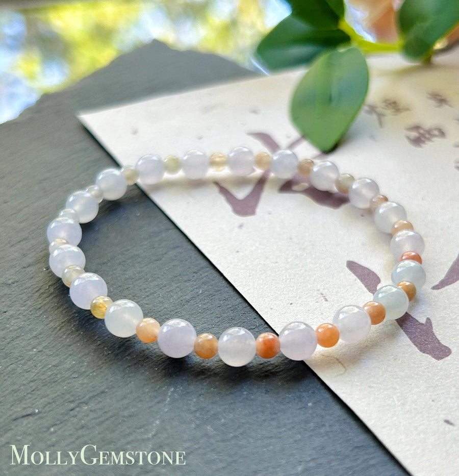 Natural Jadeite Beaded Bracelet Burmese Type A Highly Translucent Icy Pale Pinkish Lavender & Gradient Orange Jade 5.5mm Minimalist Jewelry