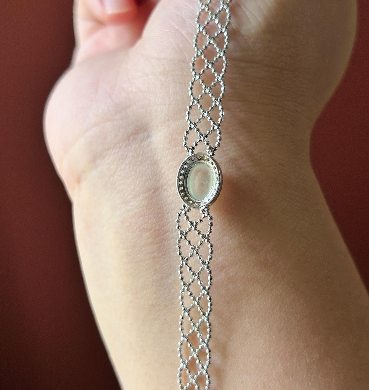 Certified Natural Jadeite Lace-Inspired Bracelet, Burmese Type A Highly Translucent Icy White Jade Cabochon, 925 Sterling Silver