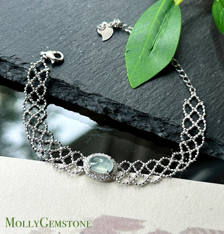 Certified Natural Jadeite Lace-Inspired Bracelet, Burmese Type A Highly Translucent Icy White Jade Cabochon, 925 Sterling Silver