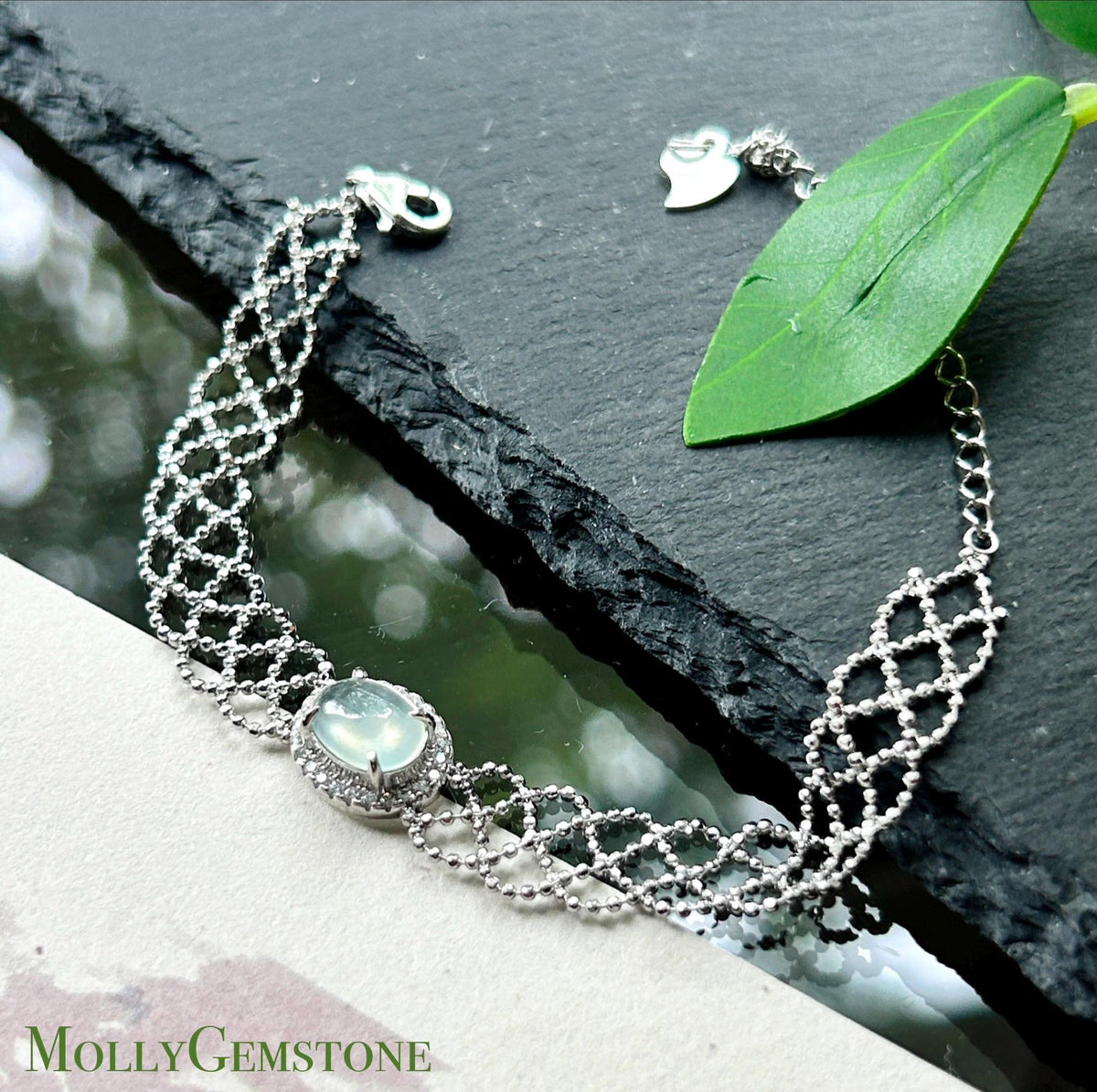 Certified Natural Jadeite Lace-Inspired Bracelet, Burmese Type A Highly Translucent Icy White Jade Cabochon, 925 Sterling Silver