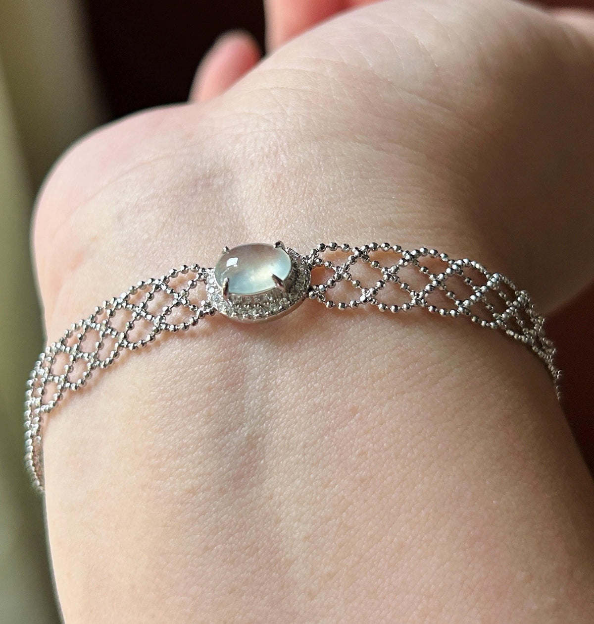 Certified Natural Jadeite Lace-Inspired Bracelet, Burmese Type A Highly Translucent Icy White Jade Cabochon, 925 Sterling Silver