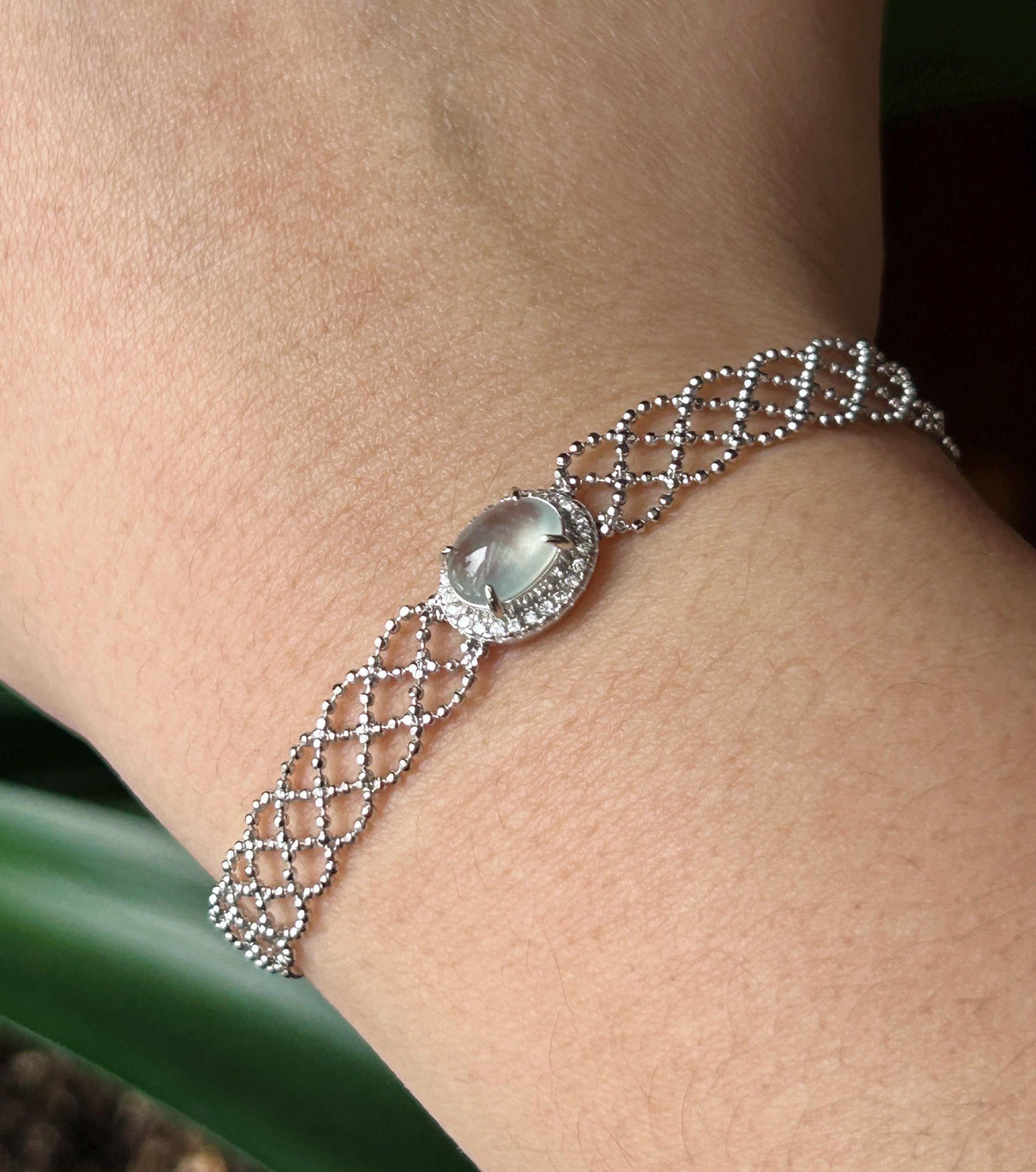 Certified Natural Jadeite Lace-Inspired Bracelet, Burmese Type A Highly Translucent Icy White Jade Cabochon, 925 Sterling Silver