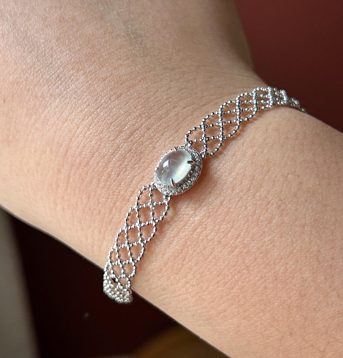 Certified Natural Jadeite Lace-Inspired Bracelet, Burmese Type A Highly Translucent Icy White Jade Cabochon, 925 Sterling Silver
