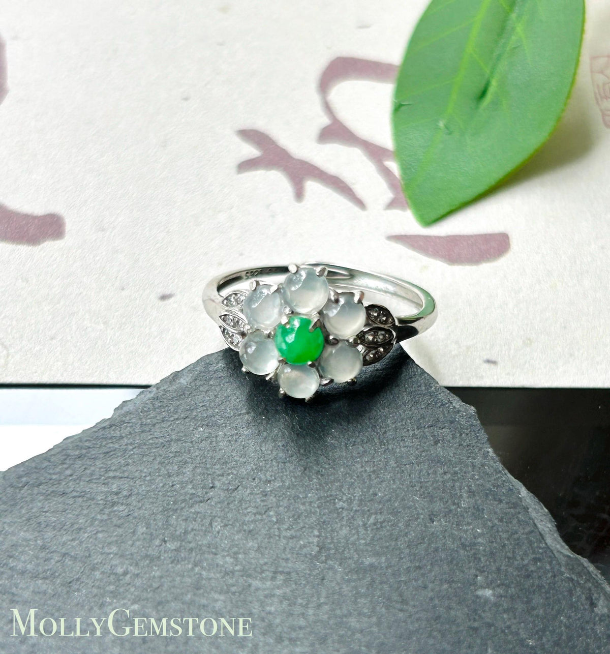 Certified Natural Jadeite Multi-Cabochon Flower Adjustable Ring Burmese Type A High Translucency Icy Green & White Jade Sterling Silver