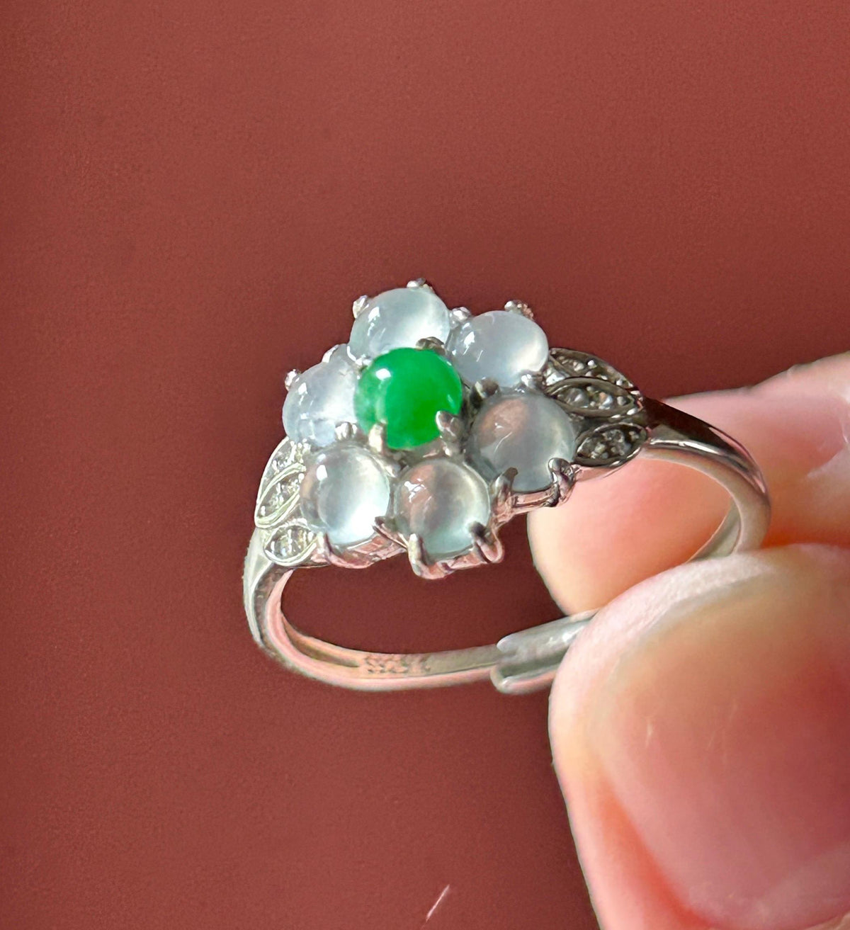 Certified Natural Jadeite Multi-Cabochon Flower Adjustable Ring Burmese Type A High Translucency Icy Green & White Jade Sterling Silver