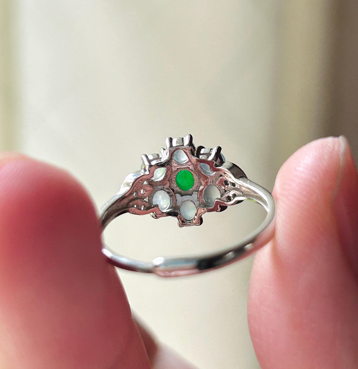 Certified Natural Jadeite Multi-Cabochon Flower Adjustable Ring Burmese Type A High Translucency Icy Green & White Jade Sterling Silver