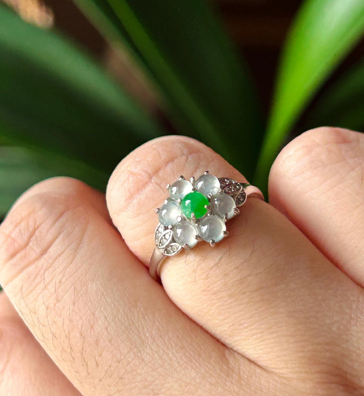 Certified Natural Jadeite Multi-Cabochon Flower Adjustable Ring Burmese Type A High Translucency Icy Green & White Jade Sterling Silver