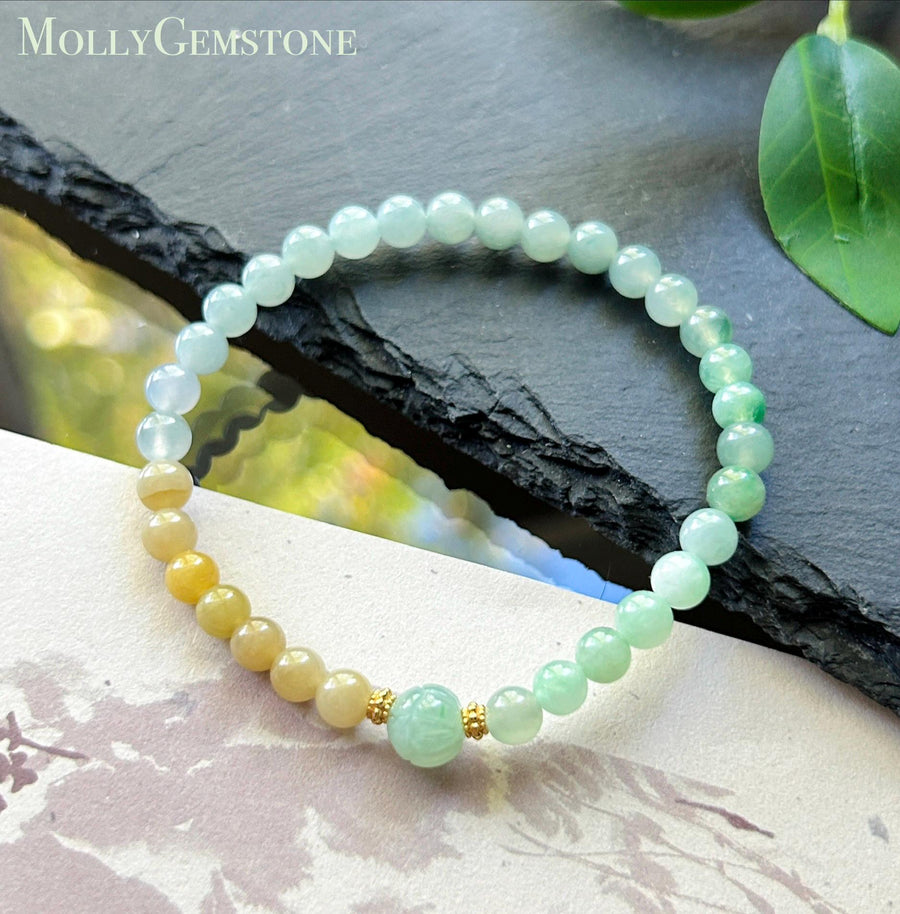 Natural Jadeite Beaded Bracelet | Burmese Type A Icy Translucent Gradient Rainbow Multicolor Jade 5.1mm
