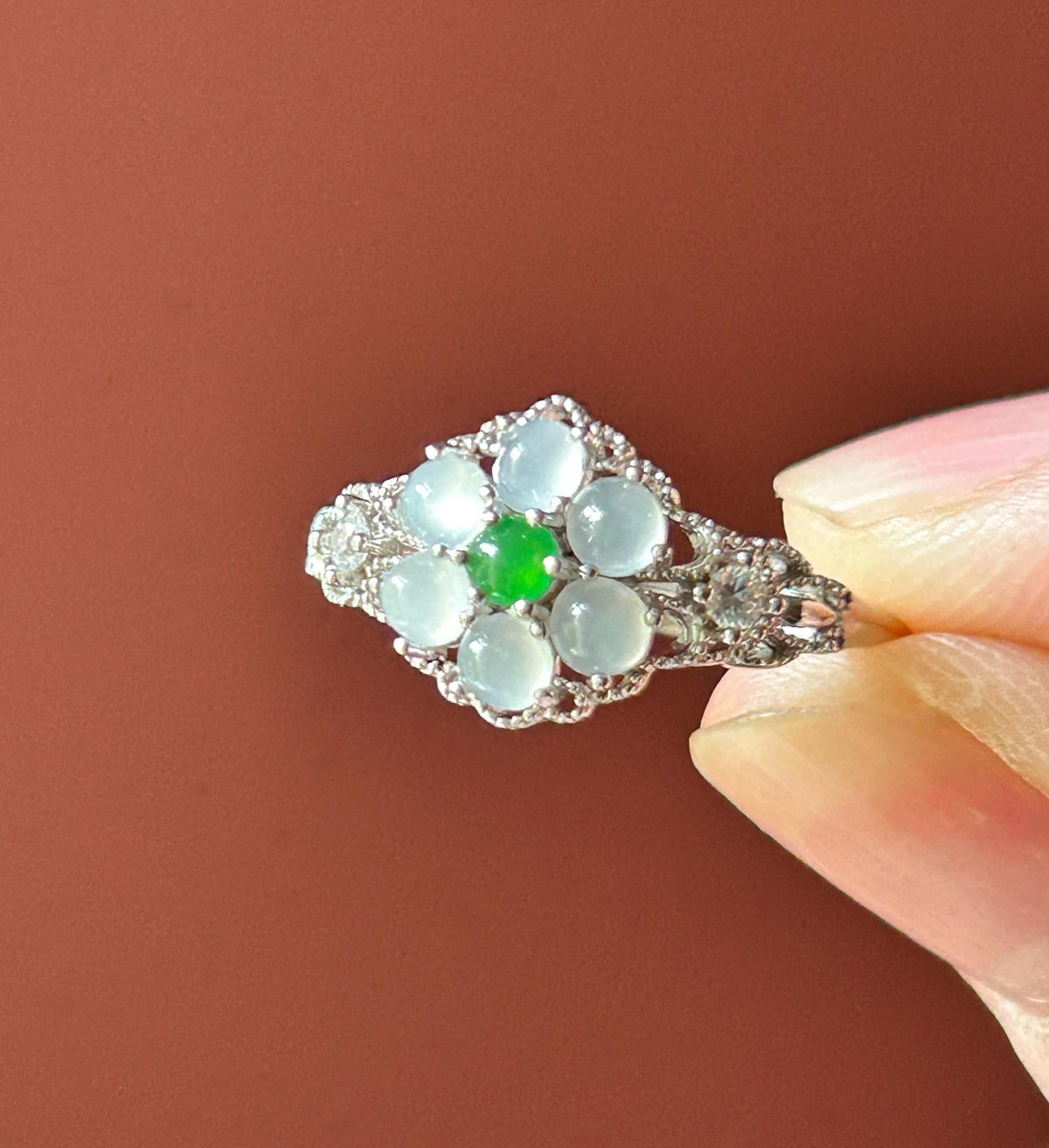 Certified Natural Jadeite Lace Flower Ring, Burmese Type A Icy Green & White Jade, High Translucency Cabochons, Sterling Silver