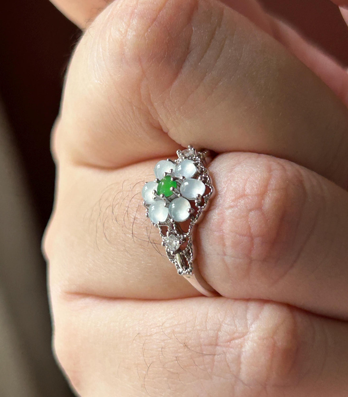 Certified Natural Jadeite Lace Flower Ring, Burmese Type A Icy Green & White Jade, High Translucency Cabochons, Sterling Silver