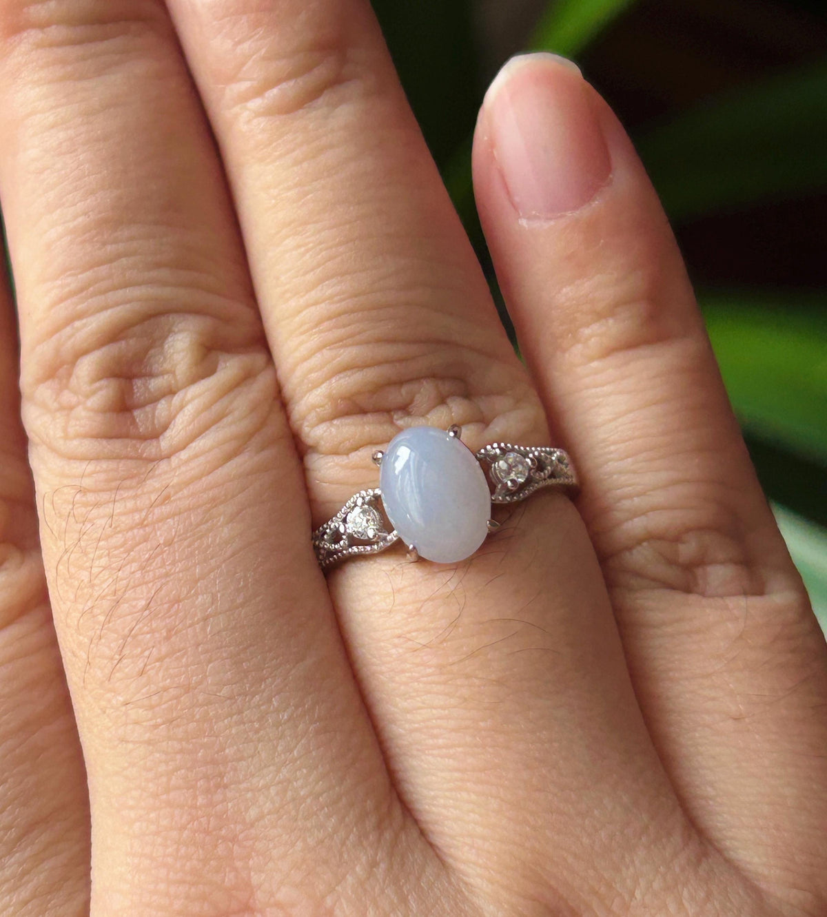 Natural Lavender Jadeite Ring | Burmese Type A Icy Translucent Lavender Purple Jade, Sterling Silver, 9 x 6.7mm Oval Cabochon