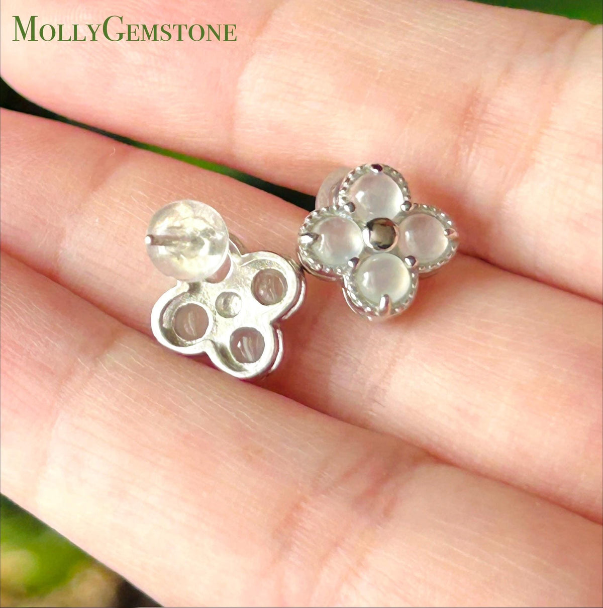 Certified Natural Jadeite Cabochon Clover Stud Earrings | Burmese Type A Highly Translucent Icy Moonlight White Jade | Sterling Silver
