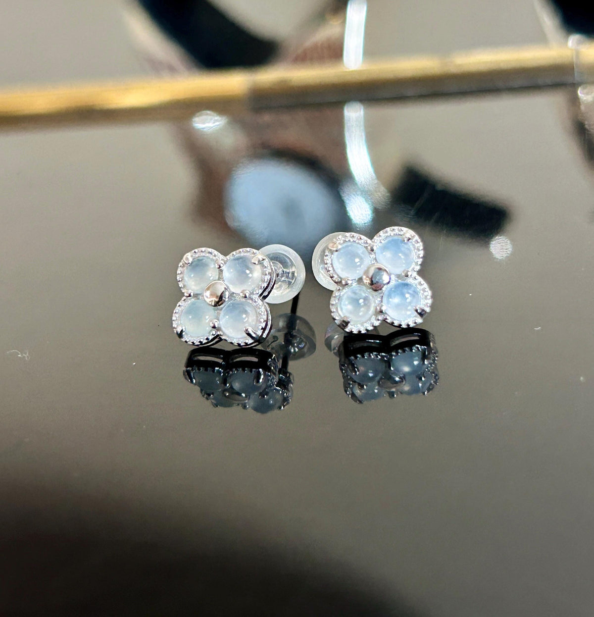 Certified Natural Jadeite Cabochon Clover Stud Earrings | Burmese Type A Highly Translucent Icy Moonlight White Jade | Sterling Silver