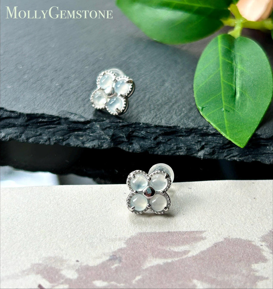 Certified Natural Jadeite Cabochon Clover Stud Earrings | Burmese Type A Highly Translucent Icy Moonlight White Jade | Sterling Silver