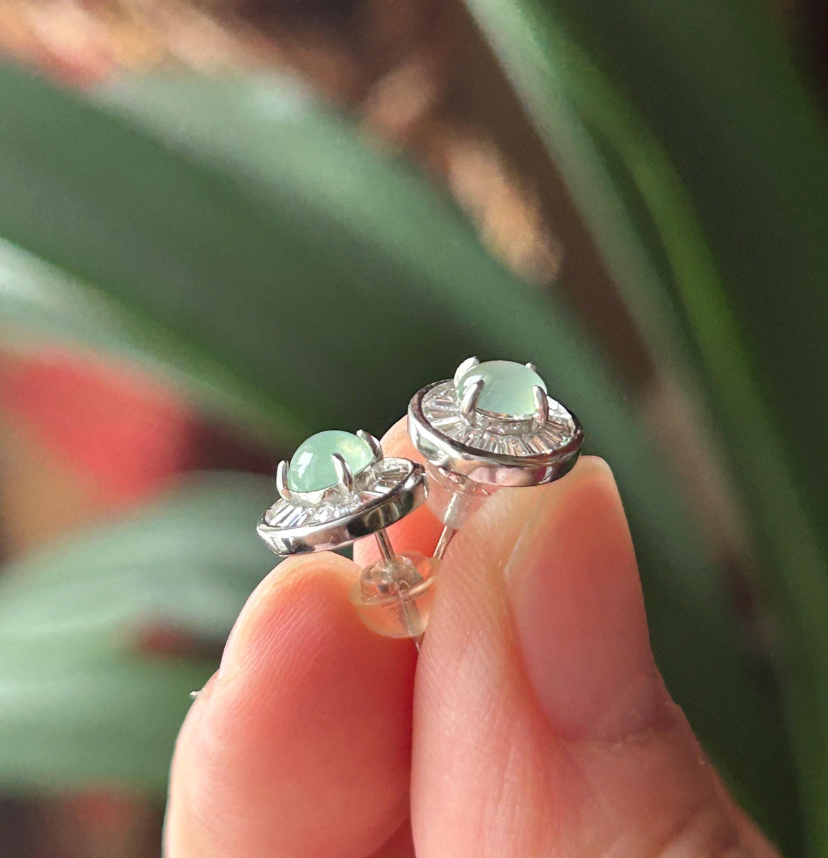 Certified Natural Jadeite Cabochon Minimalist Stud Earrings | Burmese Type A Highly Translucent Icy Pale Mint Green Jade | Sterling Silver
