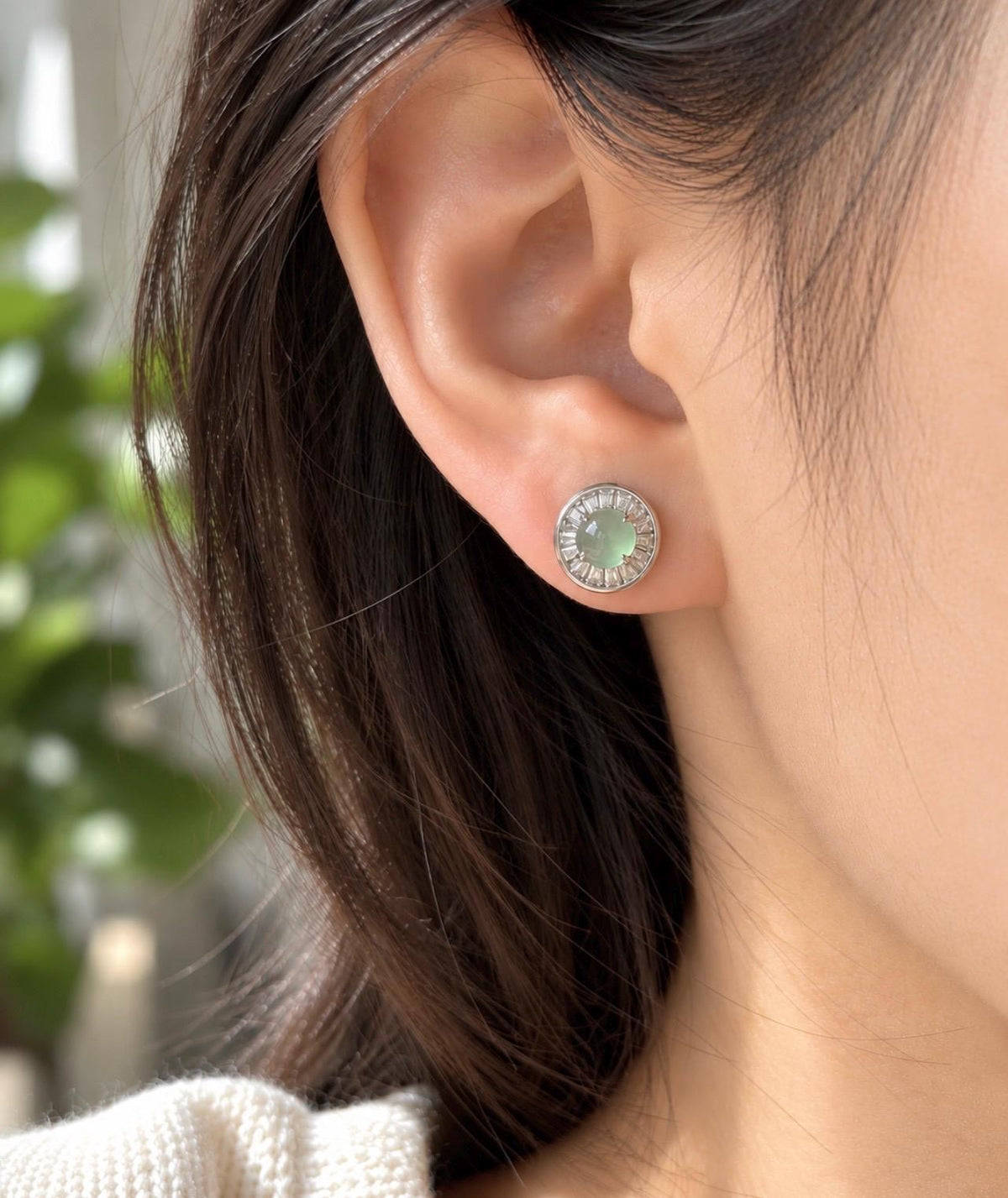 Certified Natural Jadeite Cabochon Minimalist Stud Earrings | Burmese Type A Highly Translucent Icy Pale Mint Green Jade | Sterling Silver