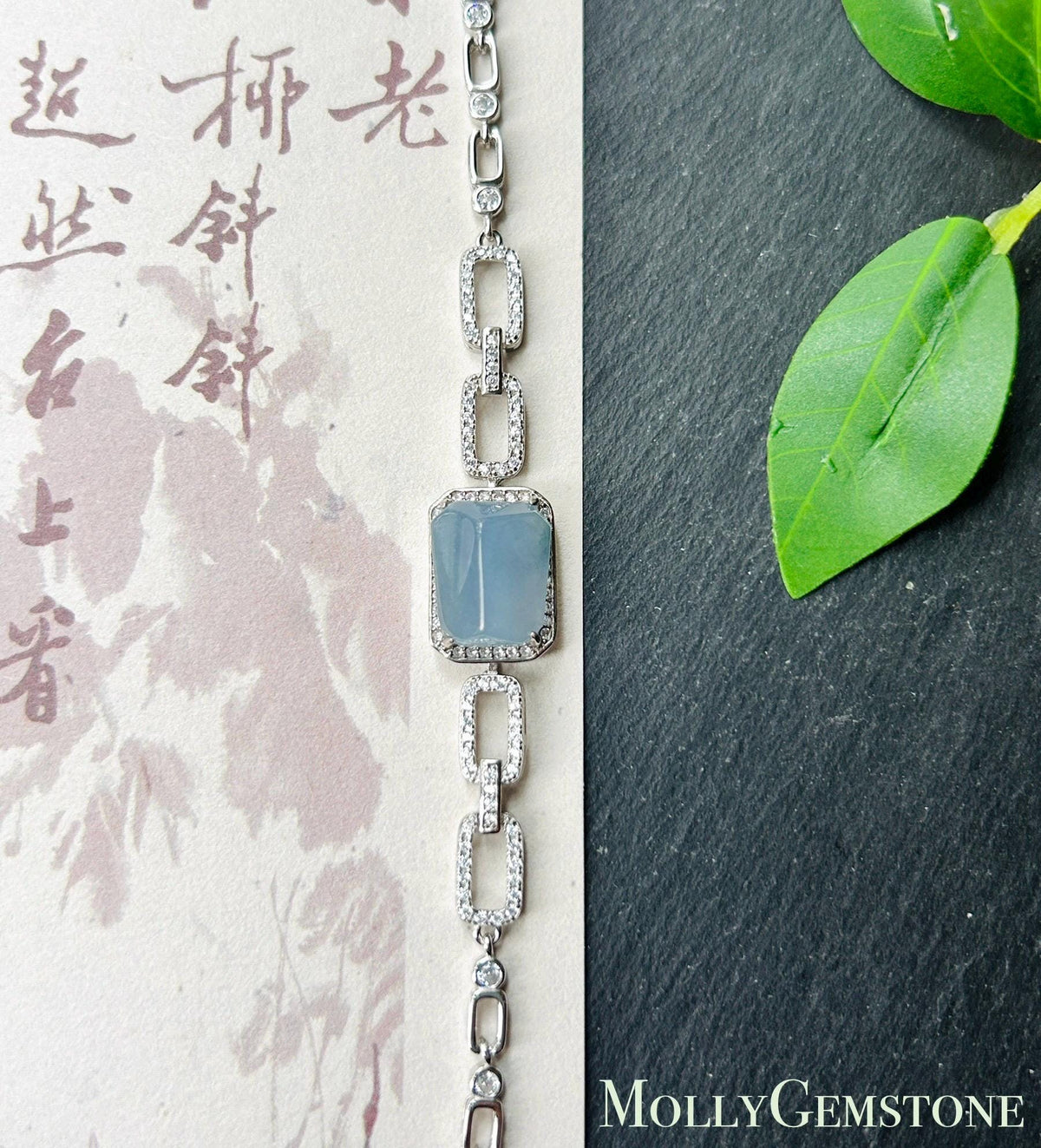 Certified Natural Jadeite Bracelet, Guatemalan Type A Highly Translucent Icy Blue-Violet Freeform Cabochon, 925 Sterling Silver