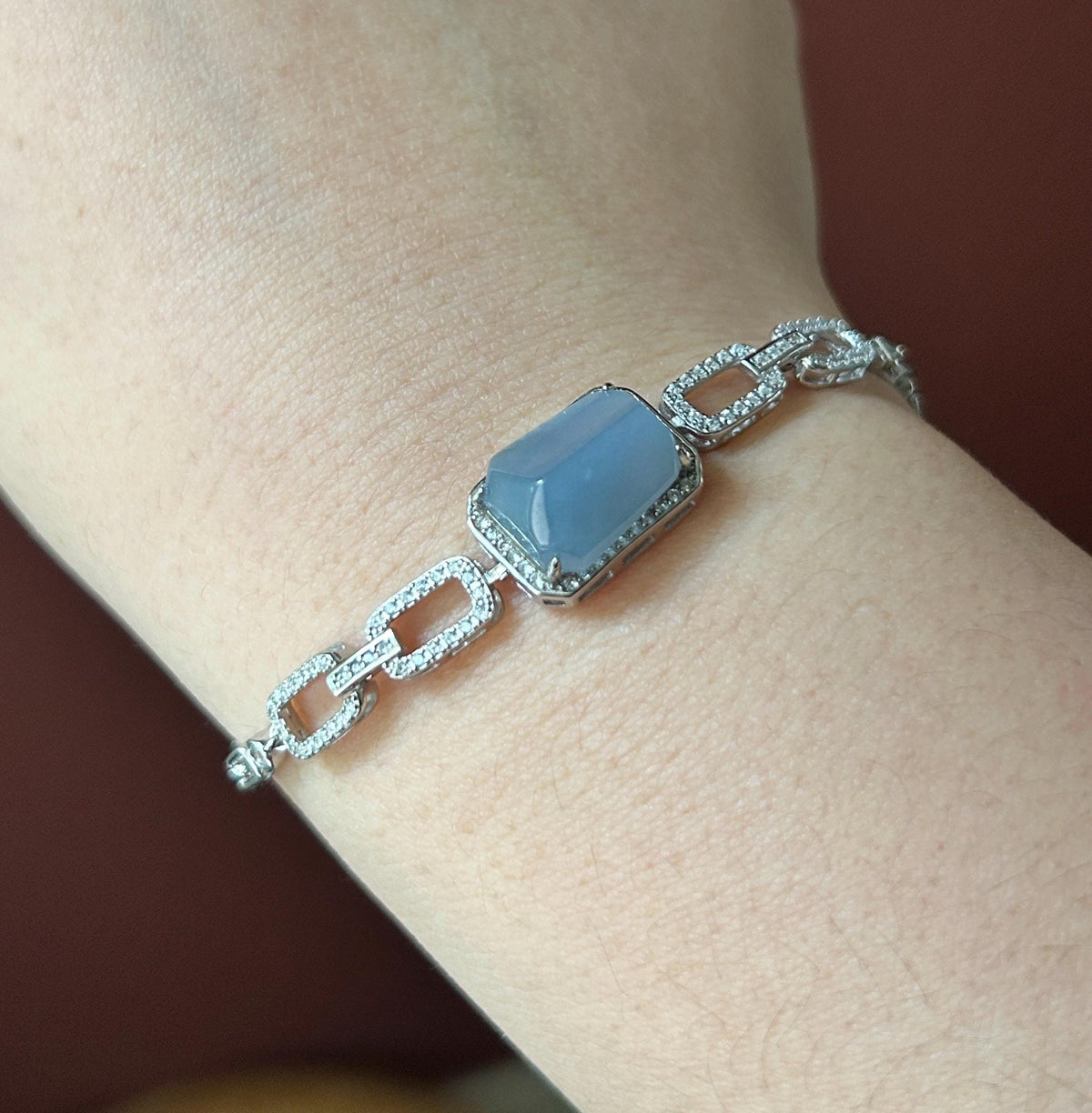 Certified Natural Jadeite Bracelet, Guatemalan Type A Highly Translucent Icy Blue-Violet Freeform Cabochon, 925 Sterling Silver