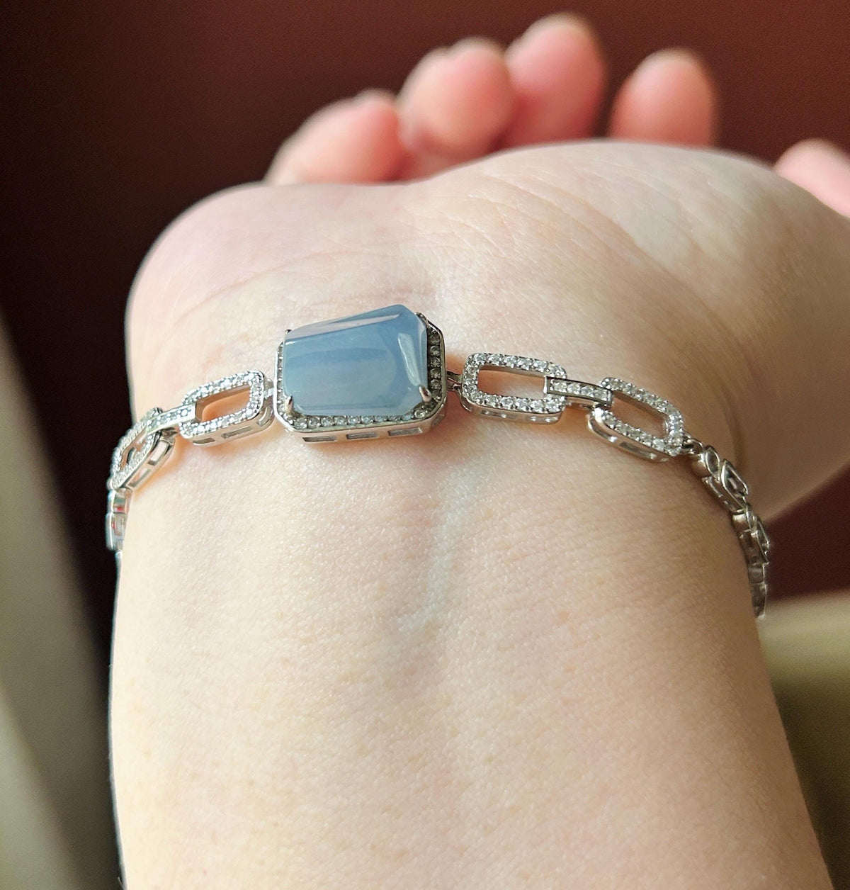 Certified Natural Jadeite Bracelet, Guatemalan Type A Highly Translucent Icy Blue-Violet Freeform Cabochon, 925 Sterling Silver
