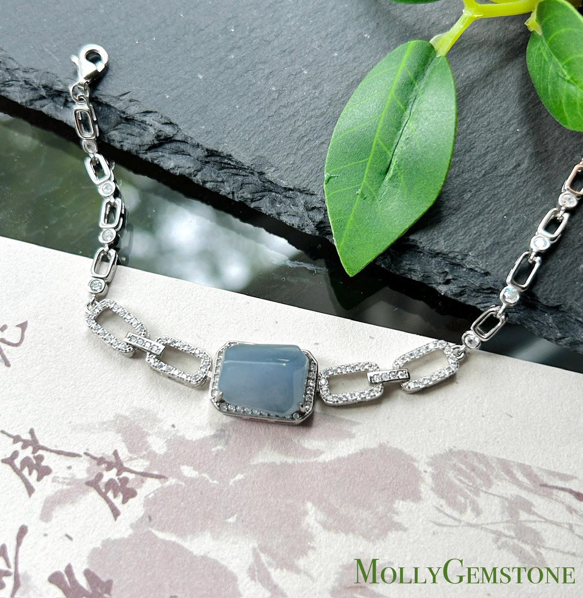 Certified Natural Jadeite Bracelet, Guatemalan Type A Highly Translucent Icy Blue-Violet Freeform Cabochon, 925 Sterling Silver