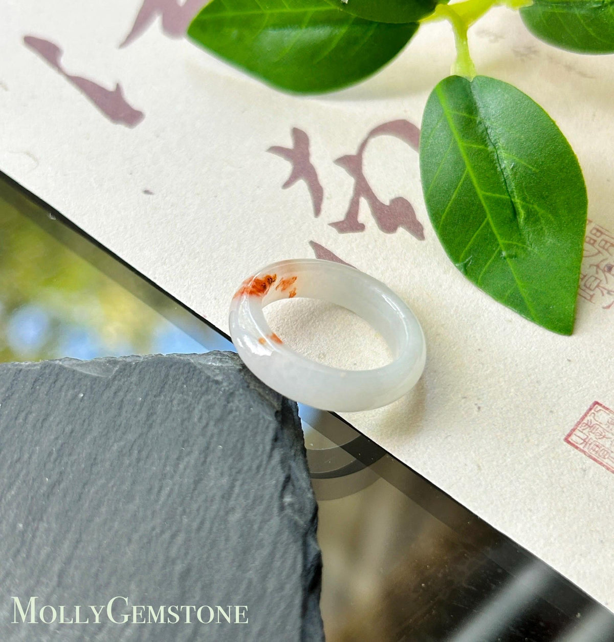 Certified Natural Burmese Type A Jadeite Ring with Maple-Leaf Red Patterns | Peace Buckle Jade Donut Charm | Ring & Necklace Set