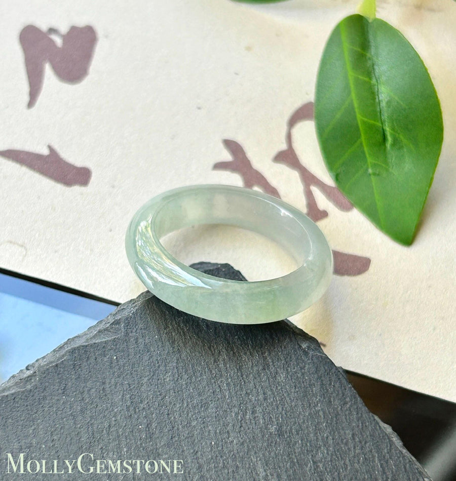 Certified Natural Jadeite Band Ring | Burmese Type A Highly Translucent Icy Light Green Gradient Color Jade US 10 - 19.7mm