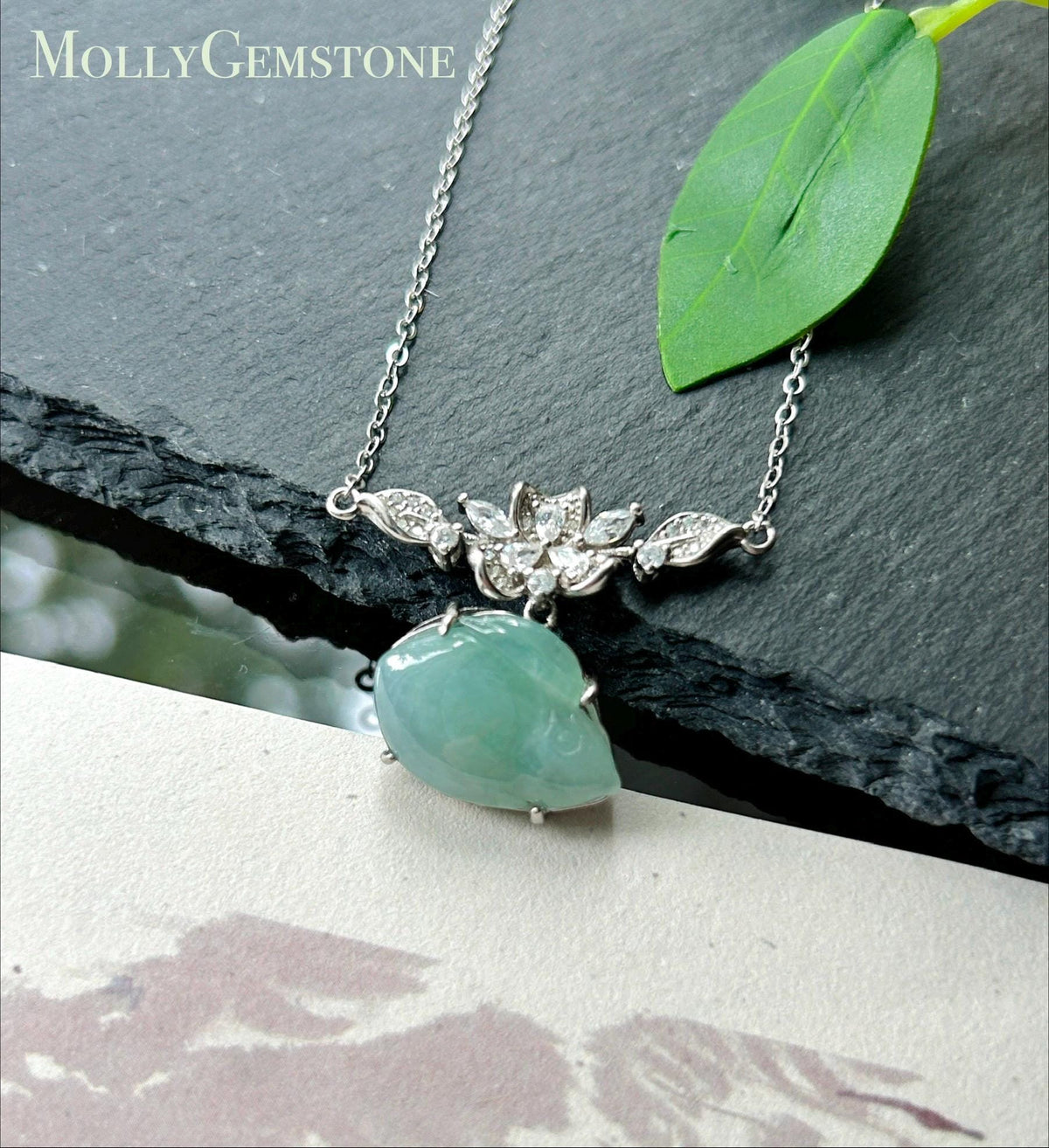 Natural Jadeite Rabbit Necklace, Burmese Type A Translucent Bluish Green Jade, Icy Glutinous Texture, Integrated 925 Sterling Silver Chain
