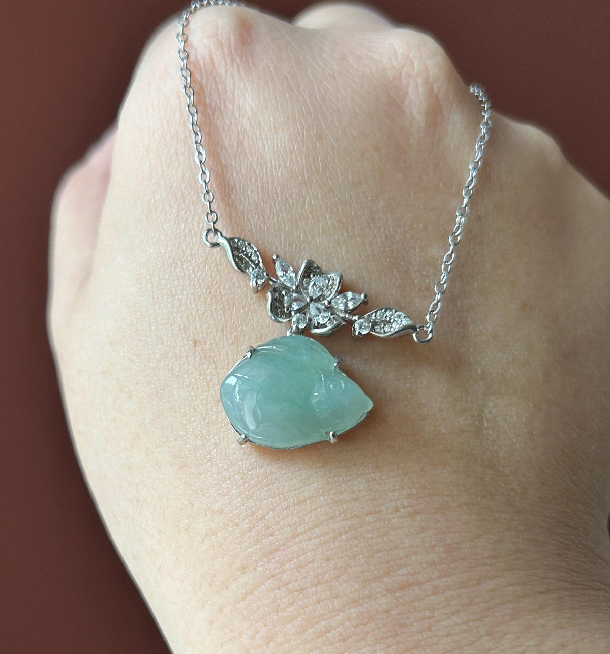 Natural Jadeite Rabbit Necklace, Burmese Type A Translucent Bluish Green Jade, Icy Glutinous Texture, Integrated 925 Sterling Silver Chain