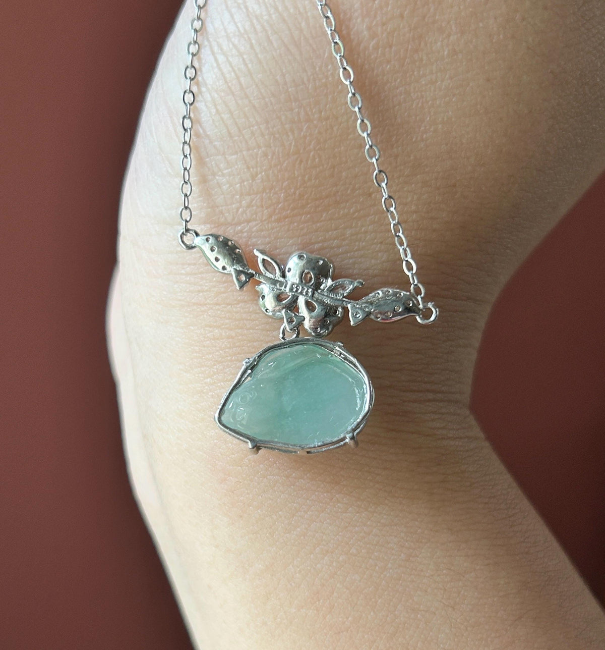 Natural Jadeite Rabbit Necklace, Burmese Type A Translucent Bluish Green Jade, Icy Glutinous Texture, Integrated 925 Sterling Silver Chain