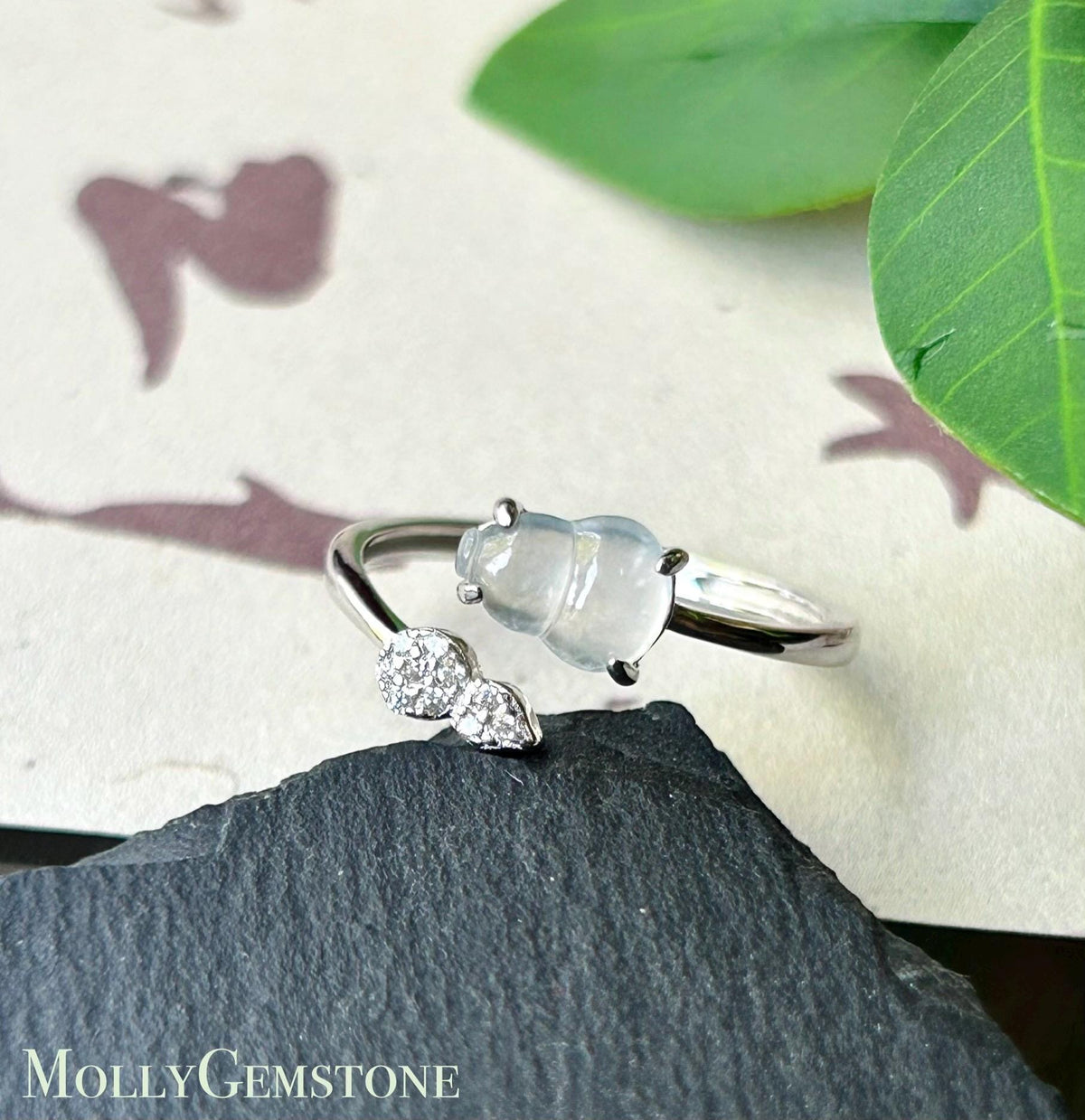 Certified Natural Jadeite Gourd Adjustable Ring Burmese Type A Highly Translucent Icy White Jade Hulu Sterling Silver