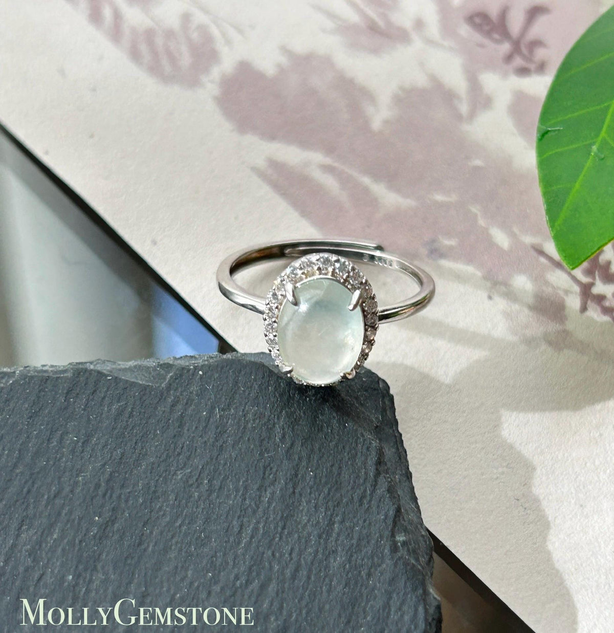 Certified Natural Jadeite Ring | Burmese Type A Highly Translucent Icy White Jade, Sterling Silver, 9.4 x 7mm Oval Cabochon