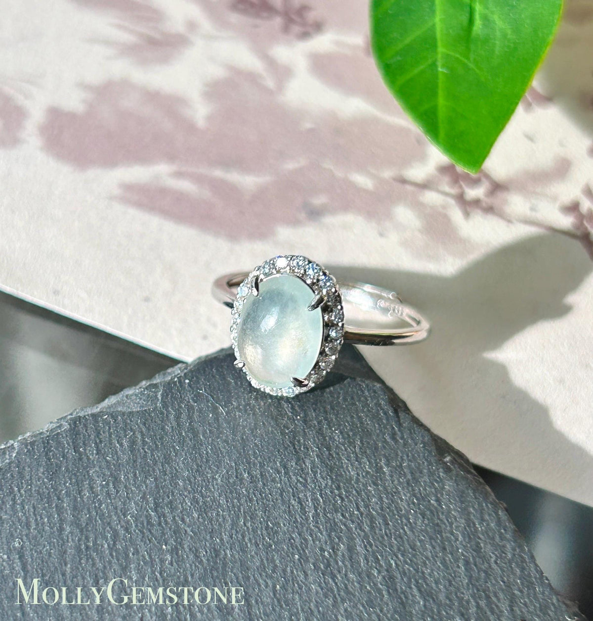 Certified Natural Jadeite Ring | Burmese Type A Highly Translucent Icy White Jade, Sterling Silver, 9.4 x 7mm Oval Cabochon
