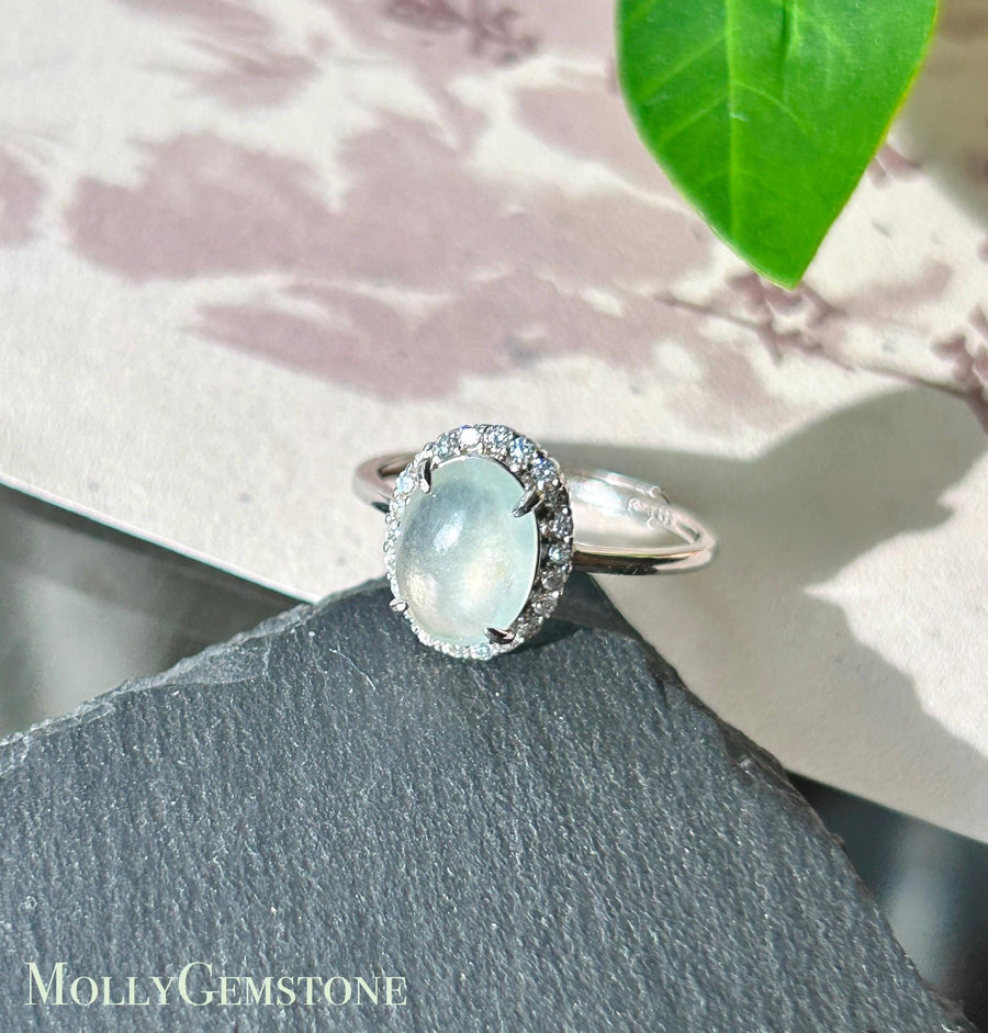 Certified Natural Jadeite Ring | Burmese Type A Highly Translucent Icy White Jade, Sterling Silver, 9.4 x 7mm Oval Cabochon