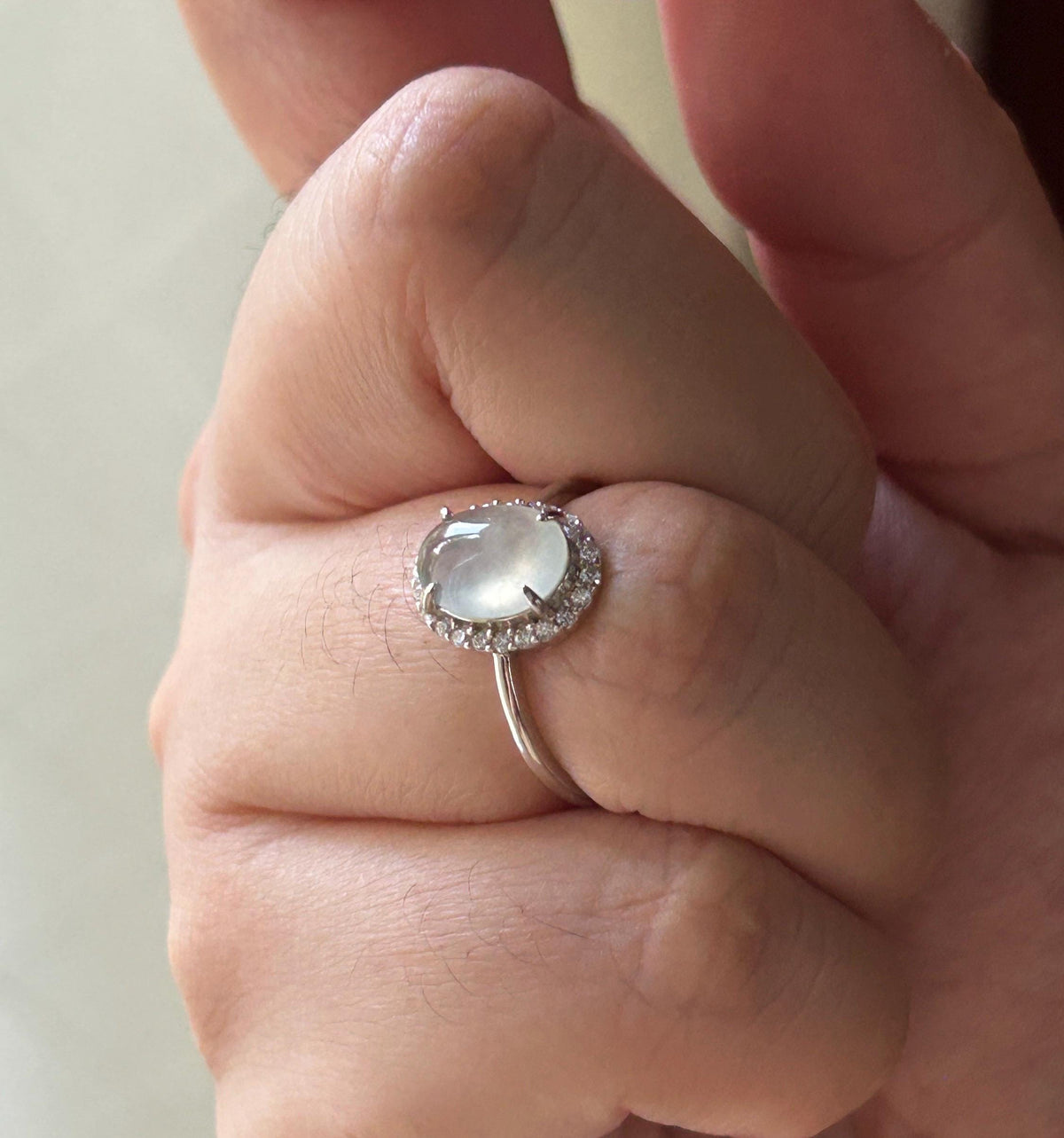 Certified Natural Jadeite Ring | Burmese Type A Highly Translucent Icy White Jade, Sterling Silver, 9.4 x 7mm Oval Cabochon