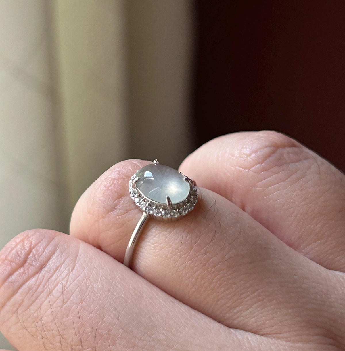 Certified Natural Jadeite Ring | Burmese Type A Highly Translucent Icy White Jade, Sterling Silver, 9.4 x 7mm Oval Cabochon