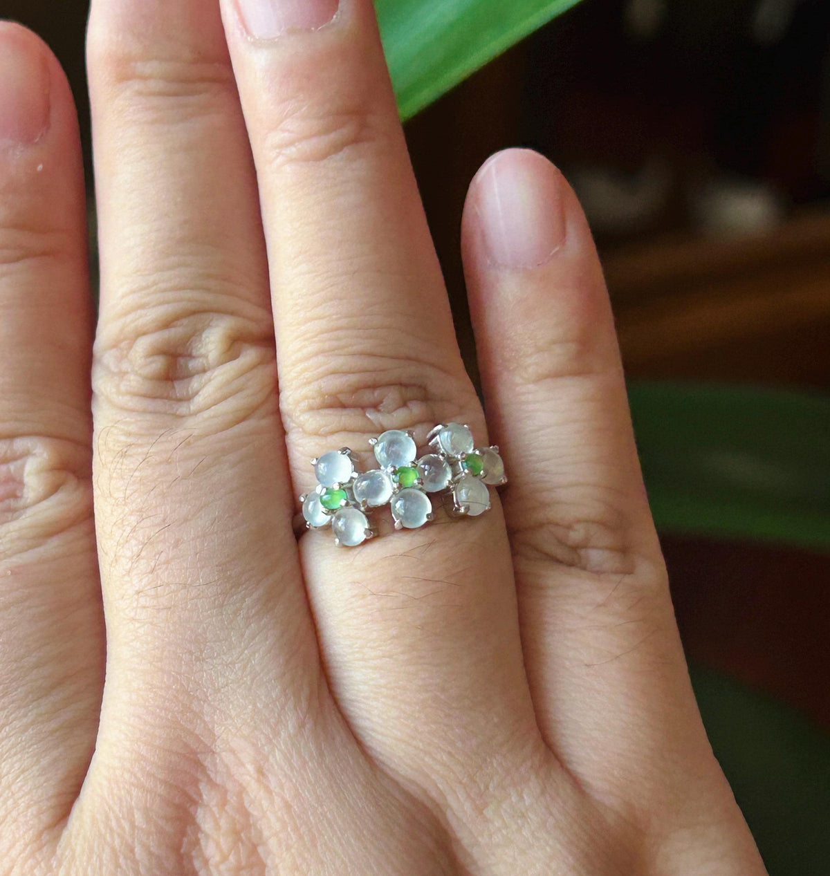 Certified Natural Jadeite Cabochon Multi-Flower Adjustable Ring Burmese Type A High Translucency Icy Green & White Jade Sterling Silver