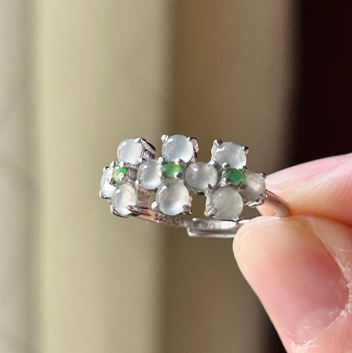 Certified Natural Jadeite Cabochon Multi-Flower Adjustable Ring Burmese Type A High Translucency Icy Green & White Jade Sterling Silver